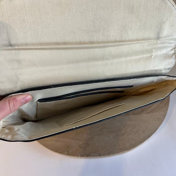 Vintage 90s Black Genuine Leather Weaved Silver Lock Large Clutch Bag - Picture 12 of 13